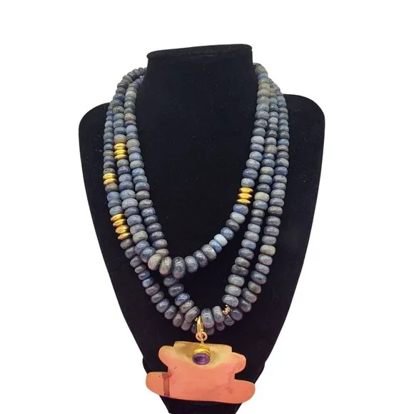 Ana Srdic S Africa Lapis Lazuli Beaded Gold Vermeil Amethyst Cabochon Necklace - Picture 1 of 14